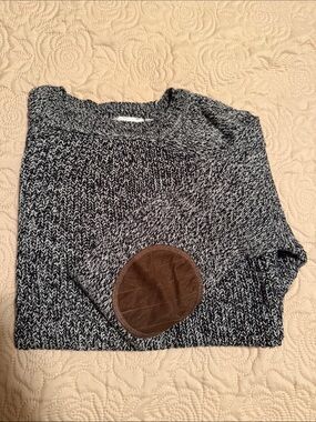 RD Style Black & White Marled Crewneck Sweater with Brown Elbow Patches